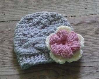 Knit Baby Hat , Baby girl Hat , Newborn Hat Baby Hat girl hat with crochet flower Girl Outfit , Photo Prop hat , Knit Hat grey flower hat