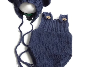 Knit Baby Bear Romper Set, Newborn Bonnet, Photo Prop