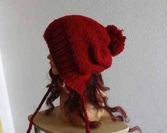 Slouchy Ear Flap Hat cranberry slouchy hat Knitted slouchy beanie Womens red wine hat Split Brim Slouchy Beanie pompom Winter Hat pompom hat