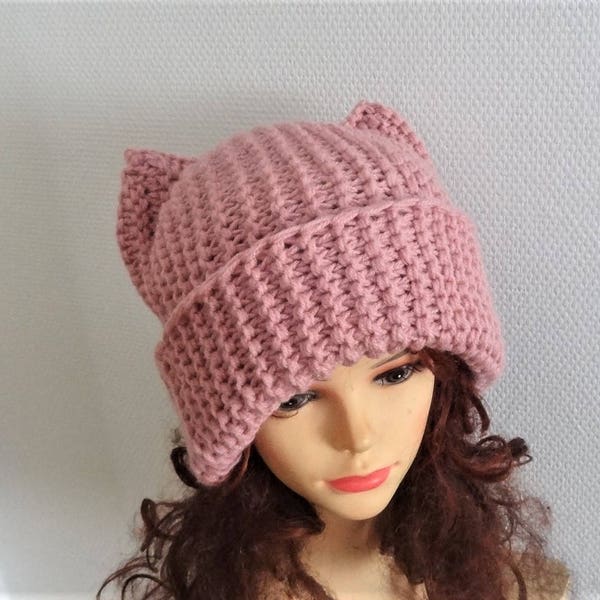 Pink Cat hat Chunky beanie Knit hat Animals Hat cat ears hat women pussyhat Pink pussy hat Knit cat Hat Pink girls pussyhat Feminist hat