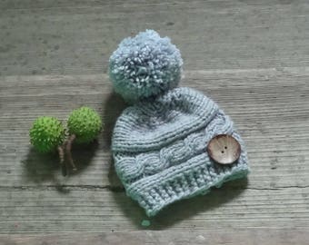 Pompom hat , knit boy  hat, newborn pompom hat , boys coming home , hat toddler hat,  baby gift , newborn props, kids grey  hat with button