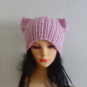 Pink Cat hat Chunky beanie Knit hat Animals Hat cat ears hat women pussyhat Pink pussy hat Knit cat Hat Pink girls pussyhat Feminist hat image 2