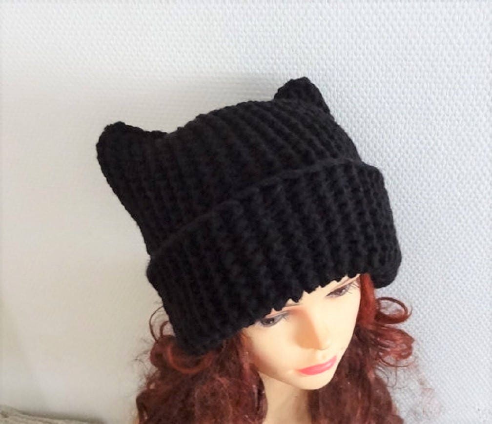 Black Cat Hat Chunky Beanie Knit Hat 