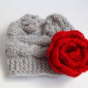 Baby hat Knit Cable Girl Hat Newborn Coming Home Girl flower hat Knit girl Hat Toddler Hat Photo Props Outfit girl Hat with big crochet rose