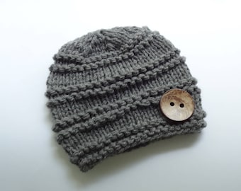 Knit Baby Hat , Baby Boy Winter Hat, Newborn Hat Baby Hat Boy hat with button Baby Boy Outfit , Photo Prop newborn knit hat  Knit boys Hat