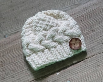 Newborn Baby hat with coconut button Knit Cable Hat Newborn Coming Home Outfit Boy Girl Knit Hat, Knit Boy Hat Toddler winter Hat Photo Prop