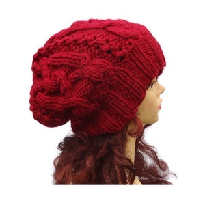 cable knit hat slouchy women and men High Heat Cap - original model in braids - Oversized men Hat - knit red wine hat  Unisex Beanie hat