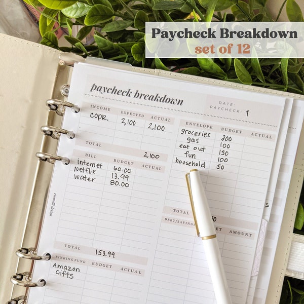 PRINTED Paycheck Breakdown | Budget Sheet | Cash Stuffing System | Cash Envelope System | minimalist | Finance | A5 size - Set of 12