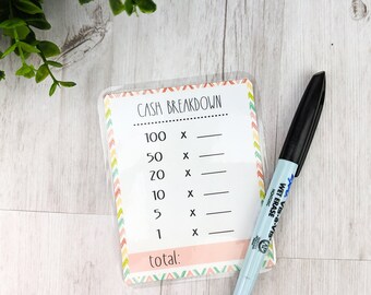 Laminated Cash Breakdown Card + 1 Black Ink Wet Erase Marker - Budget - Cash envelope system accessory - Stationary - cash withdraws