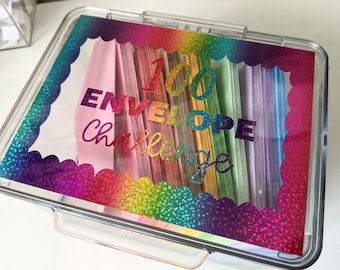 100 Envelope Challenge Kit: Tracker, Box, 100 Envelope, sticker labels - Budget, Savings Challenge, Cash Stuffing, Rainbow - READY TO SHIP