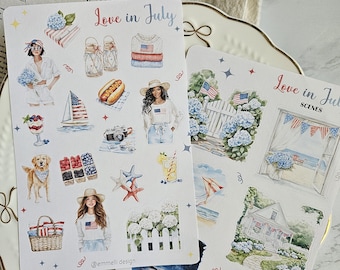 Könnte beinhalten: Zwei Aufkleberbögen mit dem Titel Love in July mit Aquarellillustrationen von Sommerthemen, darunter Personen, Hortensien, amerikanische Flaggen, ein Golden Retriever, ein Segelboot, ein Hotdog, ein Picknickkorb und Strandszenen mit dem Text @emmelli design.