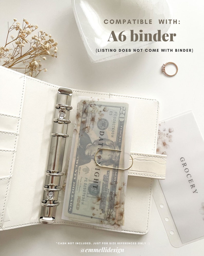 May include: White A6 binder with silver hardware, holding a clear plastic sleeve with floral accents and a twenty-dollar bill. The text "DATE NIGHT" is visible. The image also includes a ring and a "GROCERY" insert.