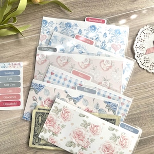 Laminated Wallet Cash Envelope 4 ct./6 ct Option + Personalized Labels - Cash envelope system - Blue & Pink / Backyard Tea Time