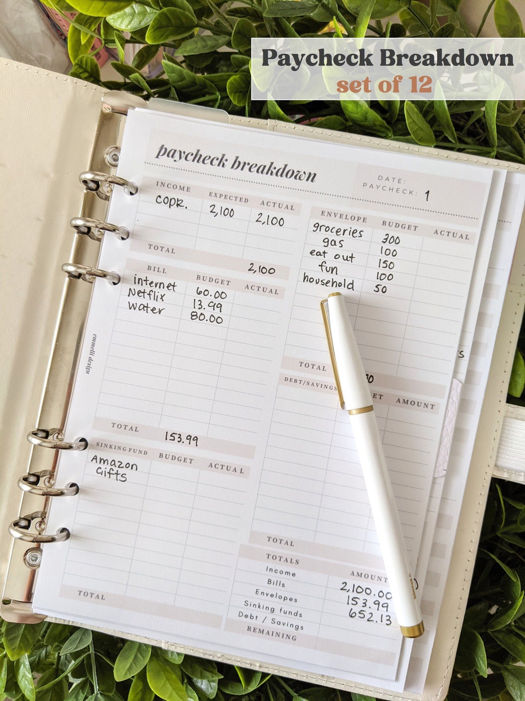 PRINTED Paycheck Breakdown Budget Sheet Cash Stuffing System Cash