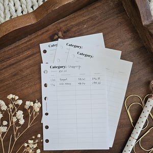 May include: White paper inserts for a planner, featuring the heading "Category: Shopping" and budget details. The inserts are on a wooden tray, with a pen and gold paper clips nearby. The budget is set at $300.00.