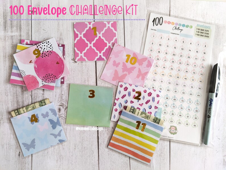 100 Envelope Challenge Kit Tracker Sheet, Marker, Box, 100 Mini Envelopes Budget Savings
