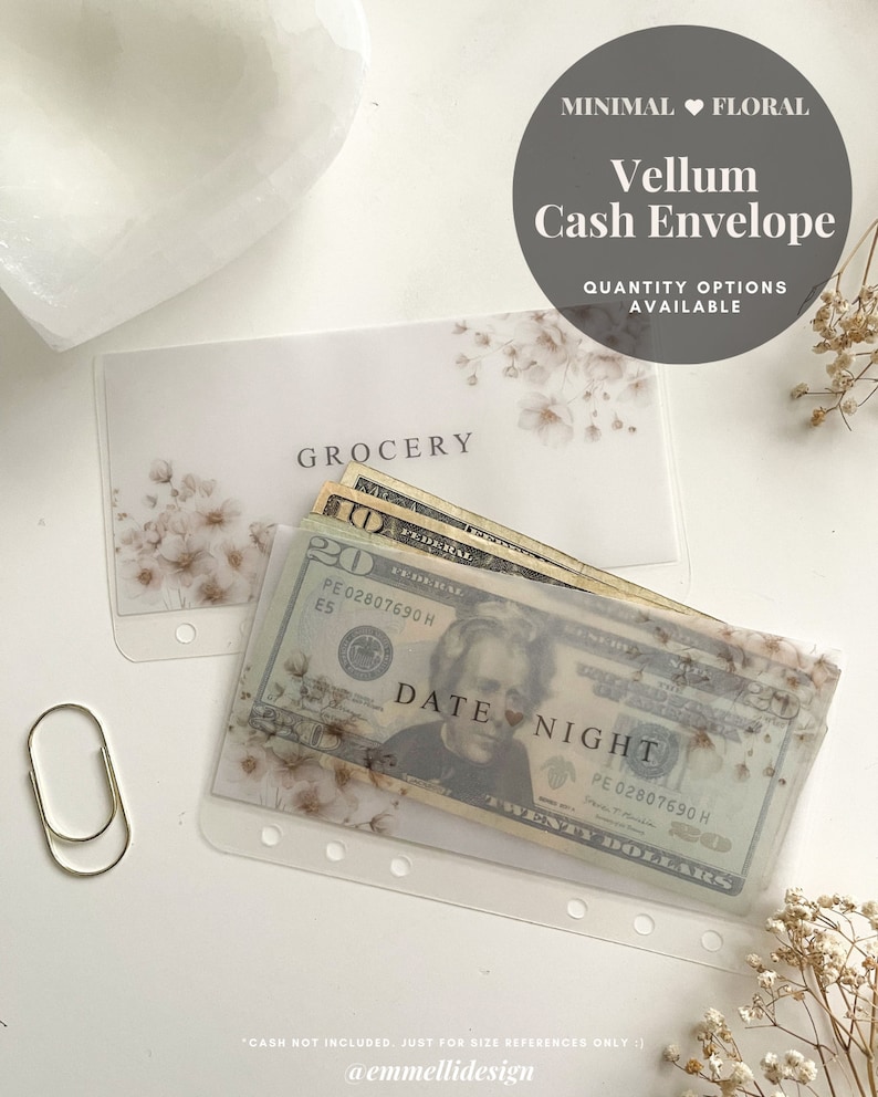 May include: Vellum cash envelopes with floral designs. One envelope is labeled "Grocery," and another says "Date Night." The envelopes are clear, allowing the contents to be visible. The text "Minimal Floral" and "Quantity Options Available" are also visible.