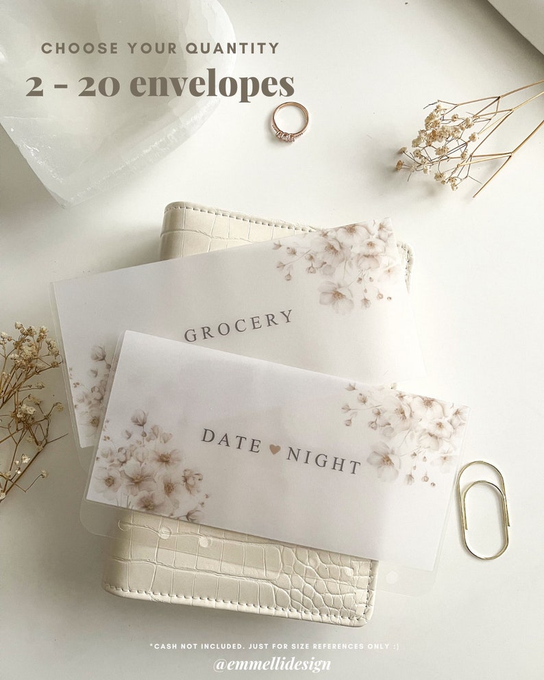 May include: Two floral-decorated envelopes labeled "Grocery" and "Date Night" rest on a white wallet. The text "Choose Your Quantity 2 - 20 envelopes" is at the top. A gold ring and paperclip are also visible.