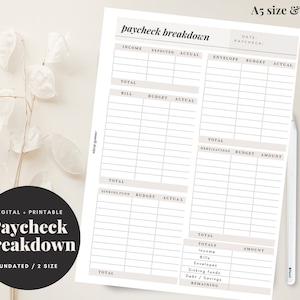 Paycheck Breakdown Printable Digital PDF | Budget Sheet | Cash Stuffing System | Cash Envelope System | minimalist | Instant Download