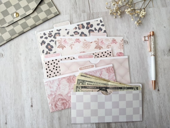 Laminated Wallet Cash Envelope 4 ct./6 ct Option + Personalized Labels - Budget system - Cash Stuffing - Zero-Based Budget - Pink/Floral