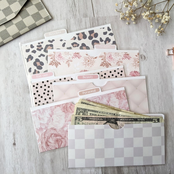 Laminated Wallet Cash Envelope 4 ct./6 ct Option + Personalized Labels - Budget system - Cash Stuffing - Zero-Based Budget - Pink/Floral