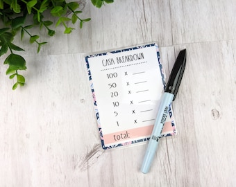 Laminated Cash Breakdown Card + 1 Black Ink Wet Erase Marker - Budget - Cash envelope system accessory - Stationery - cash withdraws