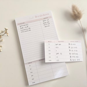 Cash Breakdown Notepad, 20 sheet - Cash Stuffing - Stationery - cash withdraws - Budget Planner - Bank Withdraw - Perforated