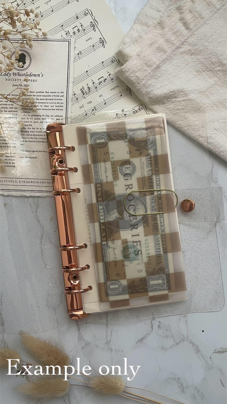K&ouml;nnte beinhalten: Ein transparenter Ringbuchplaner mit kupferfarbener Wirbels&auml;ule und Verschluss. Im Inneren befindet sich ein braun-wei&szlig; karierter Einsatz, der einen Dollarschein enth&auml;lt. Der Text "EGROCERIES" ist auf der Rechnung zu sehen.