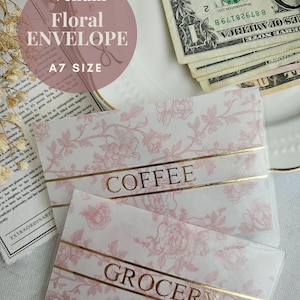 Laminated A7 Vellum Cash Envelopes: FLORAL design - Gold Foiled - Budget system - Savings - Cash Stuffing - Sinking Funds - Personalized