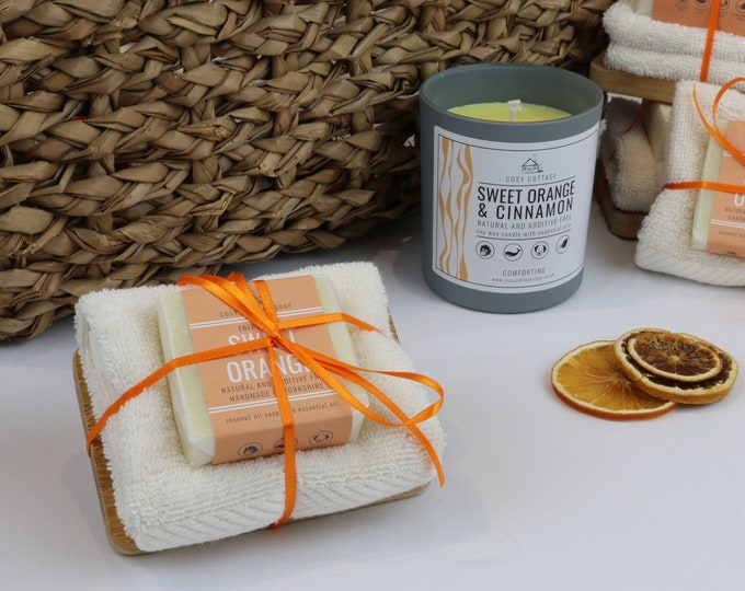 Vegan Soap and Wooden Dish Set - Handmade Soap, Organic Facecloth Gift Set in Sweet Orange