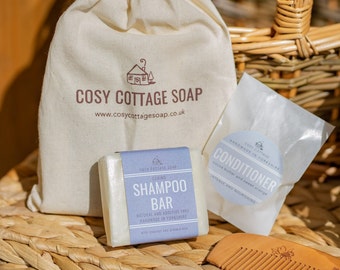 Solid Shampoo, Conditioner with Comb - Plastic and Palm Oil Free Handmade Ethical Haircare Kit