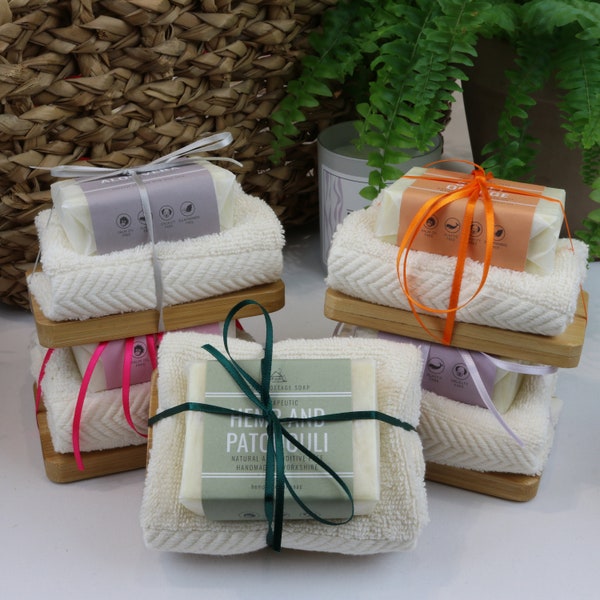 Natural Handmade Soap, Cloth & Wooden Soap Dish Gift Set (Lavender, Geranium, Sweet Orange or Fragrance Free)