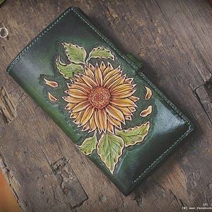 Sunflower hand carved leather wallet, Custom Handmade, Anniversary Birthday Present, Womens long wallet, artisan painting, bespoke purse