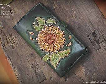 Sunflower hand carved leather wallet, Custom Handmade, Anniversary Birthday Present, Womens long wallet, artisan painting, bespoke purse