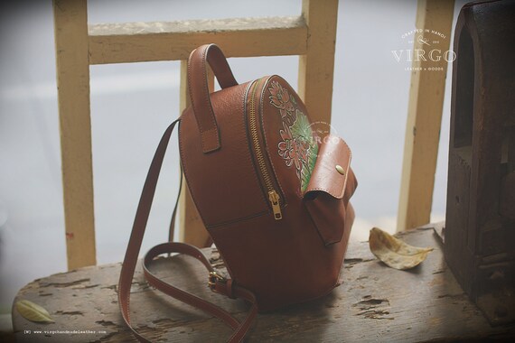 Lotus Hand Tooled, Carved Backpack, Custom Handmade Backpack  display picture 2
