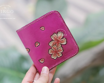 Blossom hand carved leather wallet, Custom Handmade Anniversary Birthday Present, Womens gift, artisan painting, bespoke mini wallet for her