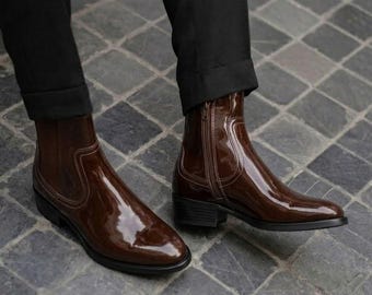Handgefertigte Herrenstiefel aus braunem Rindsleder von Vincent Lukas mit kubanischem Absatz, minimalistischer Lederschuh für Herren, Barfußschuh für Herren