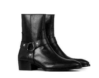 Handmade Men's Black Cowhide Vincent Harness Zip Boots Cuban Heel Grounding Shoe Man, Minimalist Shoe, Leather Shoe Man, Barefoot Shoe Men