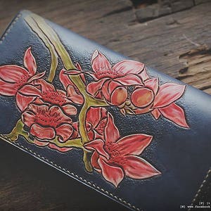 Red flower Leather Wallet, Hand Painted Wallet, Handmade Leather Gift, Handtooled Leather Wallet, Anniversary Birthday, Custom Unique Wallet