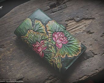 Custom Handmade Tooled Leather Wallet, Floral Carved, Personalized Gift, Carving Lotus Wallet, Personalized Name Wallet, Art Wallet, Flower