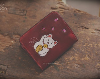 White Maneki Neko and Lucky clover with ladybug hand carved leather wallet Custom Handmade Anniversary Birthday Present bespoke gift for her