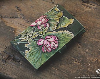 Lotus hand tooled/ hand carved wallet