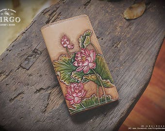 Custom Handmade Tooled Leather Wallet, Floral Carved, Personalized Gift, Carving Lotus Wallet, Personalized Name Wallet, Art Wallet, Flower