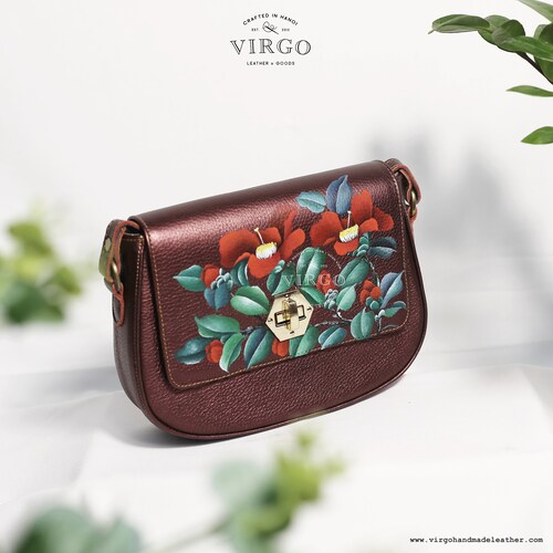 FLOWER LEATHER BAG cross body hand painted bag, Handmade Leather Bag, Leather gift, Tooled Painted shops bag, Anniversary Birthday Bespoke present