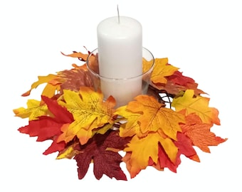 Fall Table Decor 14" Candle Ring Multicolored Mixed Foliage Oak Maple Autumn Silk Flower Thanksgiving EST077