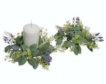 Two (2) Purple Lavender & Mix Leave 8" Candle Rings 3.5" Opening Silk Greenery Table Centerpiece EST220