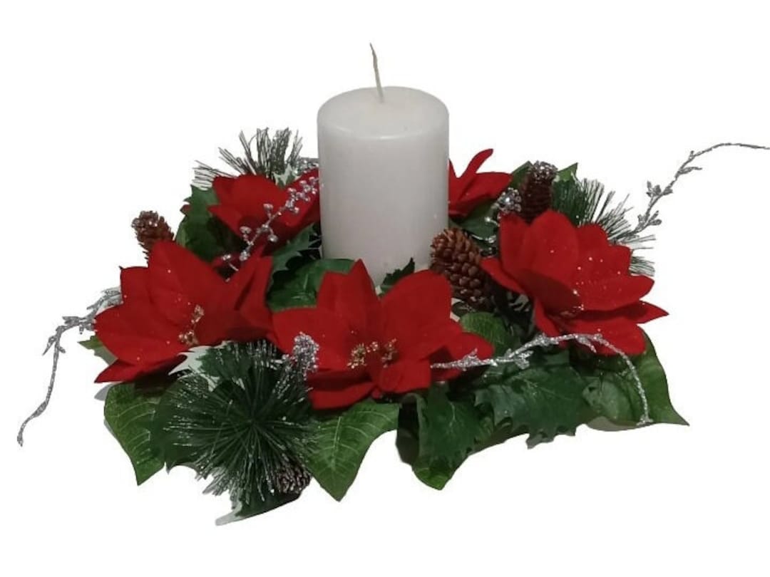 Christmas Red Poinsettia Candle Ring / Wreath 12 Silk Flower