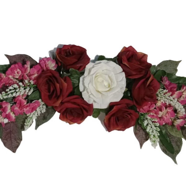 Burgundy & Cream Roses with Pink Delphinium 24" W Swag Silk Flower Wall Door Arch Window Gift All Season General Home Decor Accent EST092