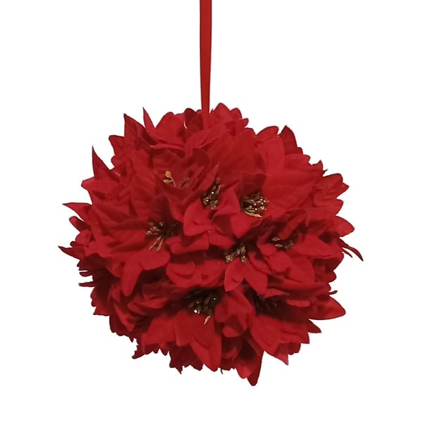 Christmas  8" Ornament Kissing Ball Beautiful Red Poinsettia Silk Flower Arch Tree Door Window Fireplace Gift Holiday Home Decor and Accent