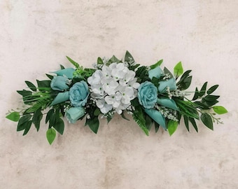 Aqua Roses, White Hydrangea 25" Swag Silk Flower Wall Door Arch Window Sign Centerpiece Gift All Seasons Decor Wedding Accent Home EST026